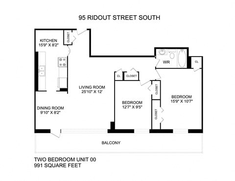 Floor plan for 2 beds, 1 bath, 1106 sqft